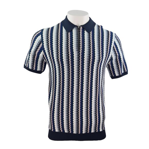 Reiss Blue Squiggle Knit Polo with Zipper - Picture 1 of 2